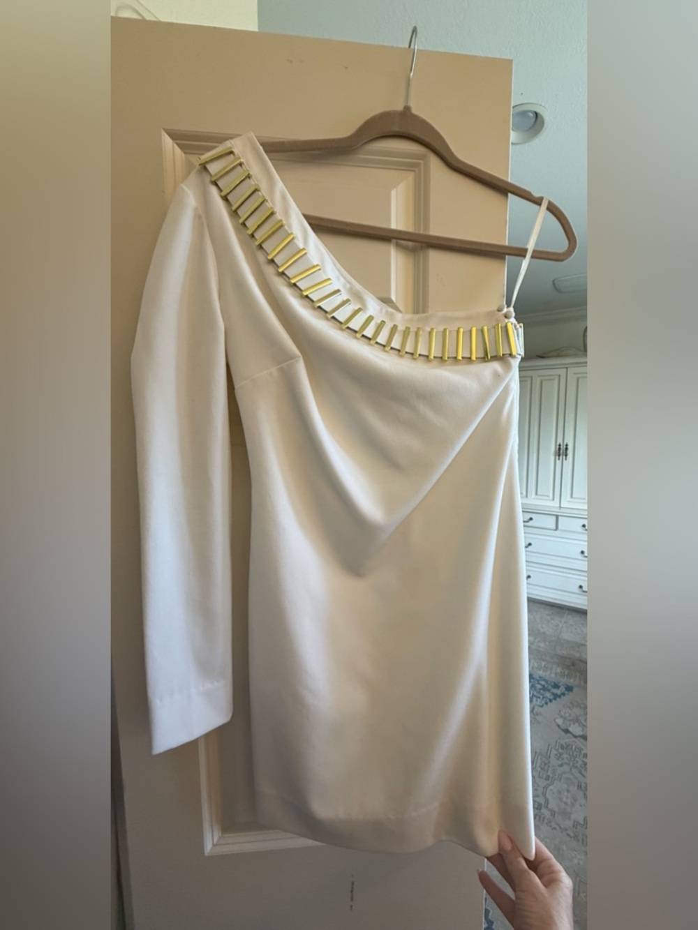 Camilla & Marc Ivory One-Shoulder Dress with Gold Trim